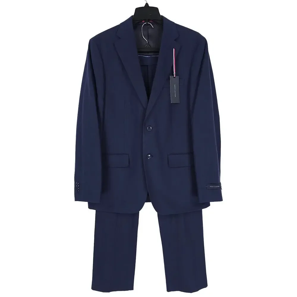 Tommy Hilfiger Mens Modern Fit 2 Piece Suit 40R 32x32 Navy Linen Cotton Blend